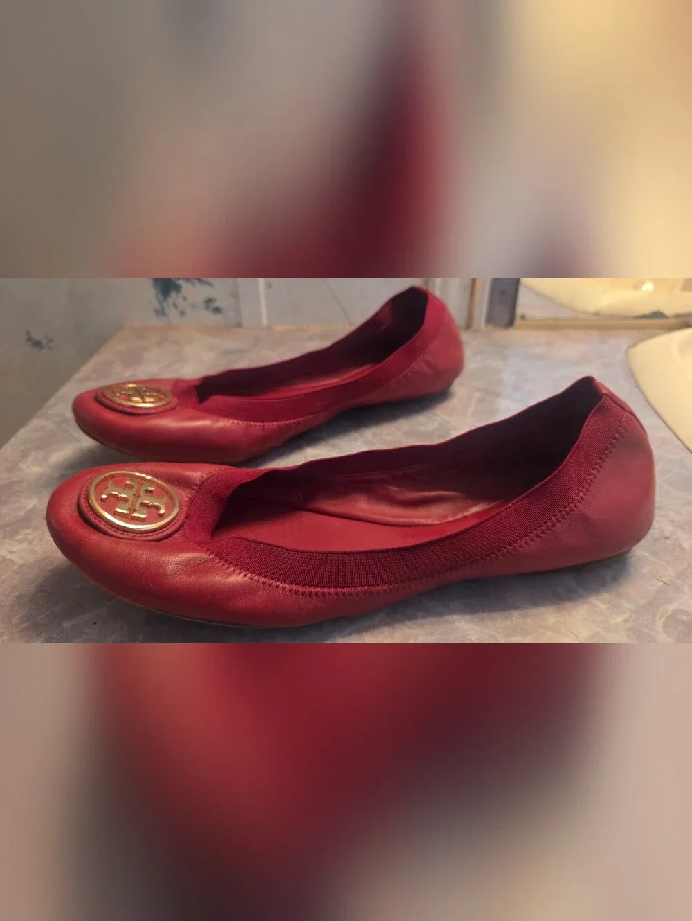 Tory Burch Red Leather Ballet Flats with Gold Logo